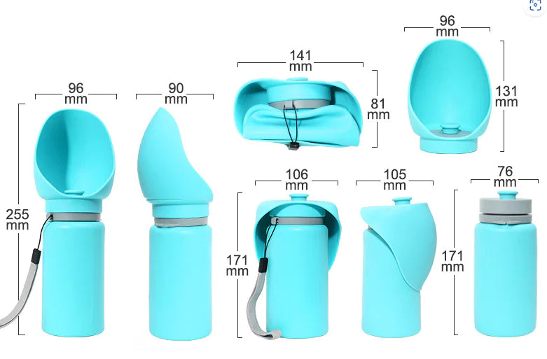 The Basecamp Folding Travel Water Bottle for dogs and cats, collapsed and full views